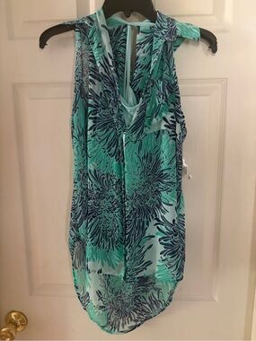 Liz Claiborne Sleeveless Floral Button Front Blouse - Teal Blue